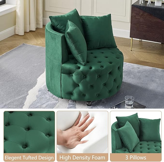 GNIXUU Swivel Barrel Accent Chair 30” Modern Velvet Round Swivel Chair with 3 Pillows and Wheels Comfy Tufted Single Club Sofa Lounge Chair for Living Room Bedroom(Green).
