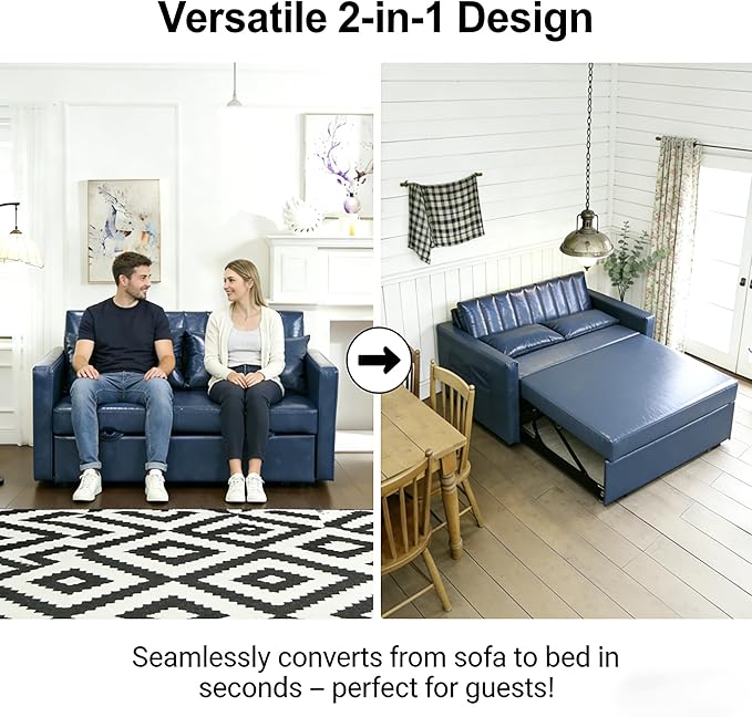 55'' Leather Sofa Bed Pull Out Sleeper Sofa Couch Bed Loveseat Sleeper Futon Sofa Couch with Side Pocket Convertible Sofa Bed for Living Room Apartment Bedroom RV Blue
