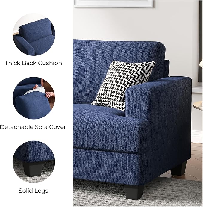 84 Inch Sofa with Extra Deep Seats Oversize Linen Fabric 2 Seater Sofa for Living RoomModern Couch and Loveseat Comfy Armrests and Seats and Backrests Easy Installation Blue