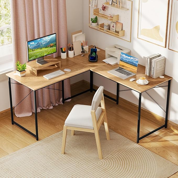 Tangkula L-Shaped Computer Desk with Power Outlets 95” Long 2-Person Desk with Monitor Shelf Modern Corner Desk Gaming Table with USB Ports for Home Office