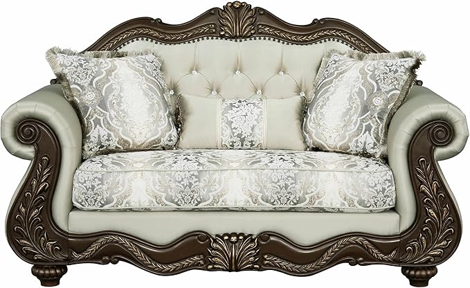 Acme Pierce Fabric Upholstered Armrest Loveseat with 3 Pillows in Beige &amp Cherry