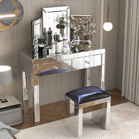 39.4‘’Silver Mirrored Desk Vanity Set Makeup TableMDF Silver Dressing Table with 2 Drawer Vanity Desk for Women Girls Home OfficeLiving Room Office Den (Mirrored Desk)