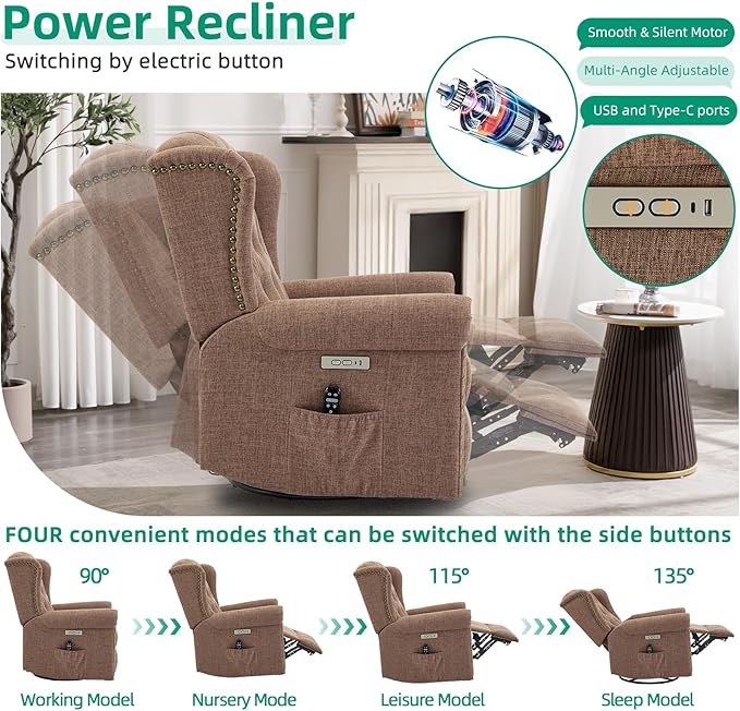 VIVIJASON Power Swivel Rocking Recliner Chair with Massage &amp Heat Electric Rocker Nursery Glider Chair Wingback Tufted Upholstered Recliner W/Type-C &amp USB Ports for Living Room Bedroom Bro