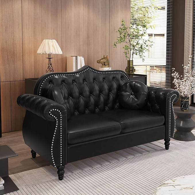 AVZEAR Chesterfield 2-Piece Living Room Sectional Sofa Set Mid-Century Modern Upholstered PU Sofa Couch Classic Tufted Button Sofa with Nailhead Trim for Living Room Office (2+3 Seat Black)
