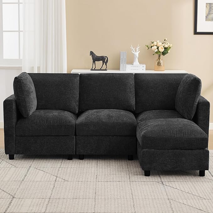 89'' 3-Seater Modular Sectional Cloud Sofa with Ottoman L-Shaped Couch for Living Room Modern Convertible Deep Seats Sofa Chenille Dark Grey