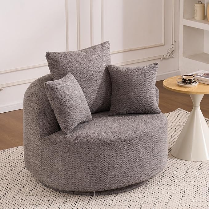 40” Grey Round Swivel Chair with 3 Pillows &amp Thick Cushion Oversized 360° Swivel Accent Chair Modern Boucle Armchair for Nursery Living Room Bedroom Club