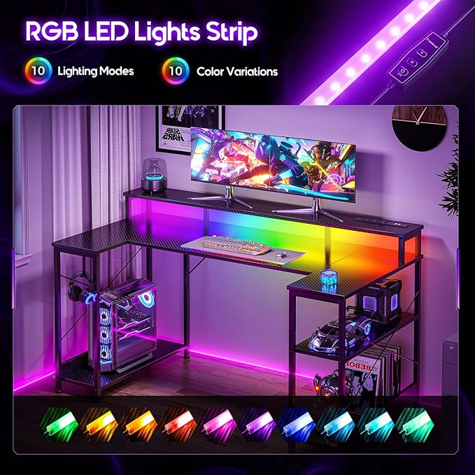 ODK 55 Inch Gaming Desk with LED Lights and Power Outlet U-Shaped Computer Desk with Monitor Stand and Storage Shelves PC Gamer Table for Home Office Carbon Fiber Black