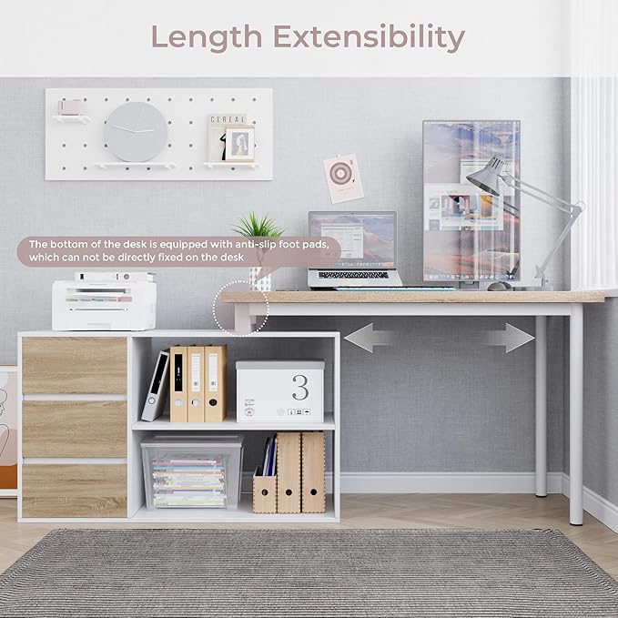 Home Office Computer Desk Corner Desk with 3 Drawers and 2 Shelves 53-inch L-Shaped Study Desk with Storage White + Walnut