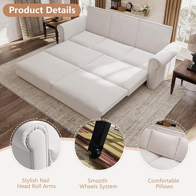 93.7 King Pull Out Sofa Bed 3 in 1 Convertible Sleeper Sofa 3 Seat Couch with Nailhead Trim &amp Rolled Arm for Living Room Apartment Office Beige Velvet