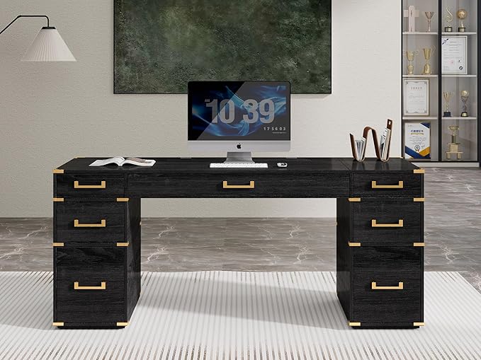 70 Executive Desk with DrawersWood Writing Desk with Metal Edge Trim 7 DrawersUSB Ports and OutletsFarmhouse Desk with Hidden Compartment for Home Office Study Room Black