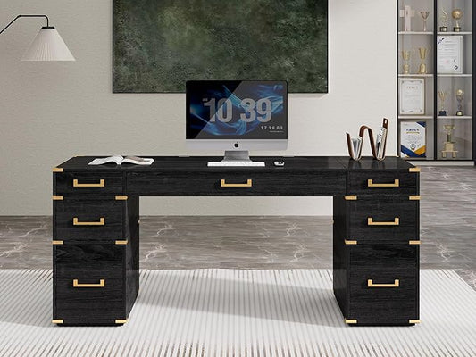 70 Executive Desk with DrawersWood Writing Desk with Metal Edge Trim 7 DrawersUSB Ports and OutletsFarmhouse Desk with Hidden Compartment for Home Office Study Room Black