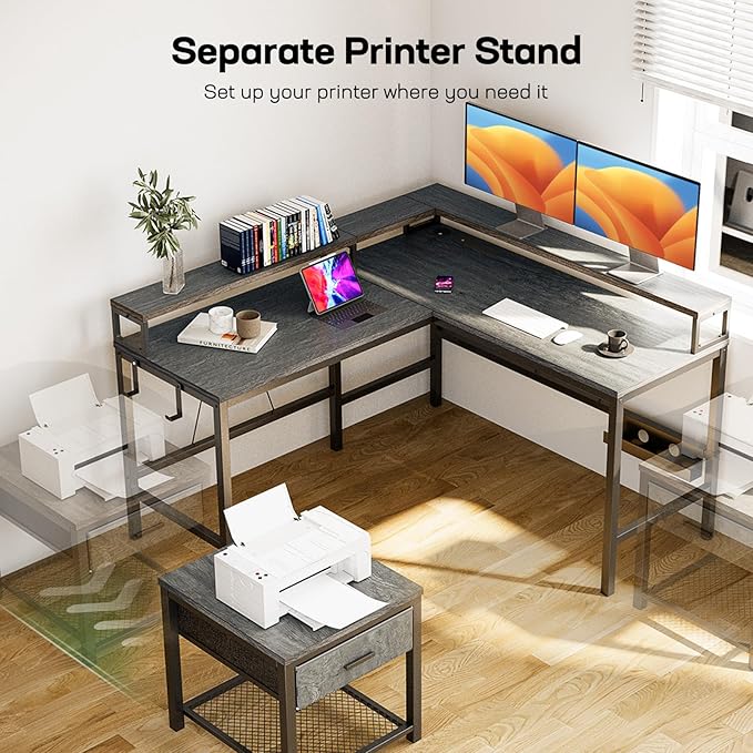 Marsail L-Shaped Computer Desk with Monitor Raiser &amp Printer Stand Home Office Corner Desk with Power Outlets &amp LED Light Ergonomic Gaming Desk with Cable Management Tray Hooks Grey