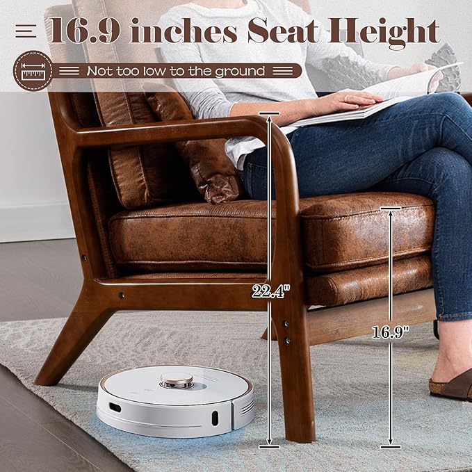 Brown Leather Accent Chairs Mid Century Modern Living Room Chairs Sillas De Sala Solid Ruberwood Arm Chair for Livingroom Bedroom Office Comfy Reading Lounge Decorative Side Sitting Chair