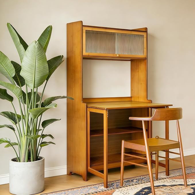 Foldable Desk with Hutch &ampStorage Fold Out Convertible Murphy Computer Table Folding Writing Table Workstation with Free Cat Bed &amp Scratching Post for Small Spaces (Walnut1)