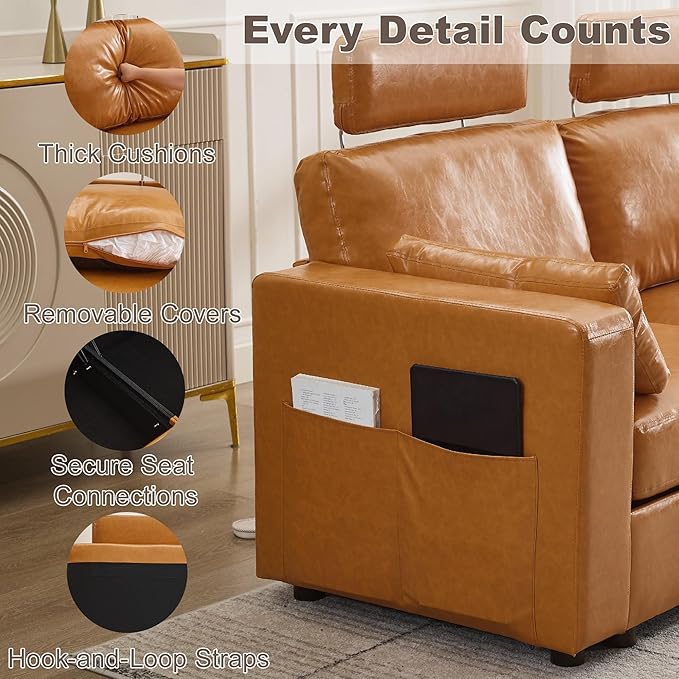 98.2 Modular Sectional Storage Couch Oversized Faux Leather L Shaped Couch Modern Cloud Upholstered Sofa with Headrest &amp Side Pocket Sectional Sofa for Living Room Apartment Small Spaces Brow
