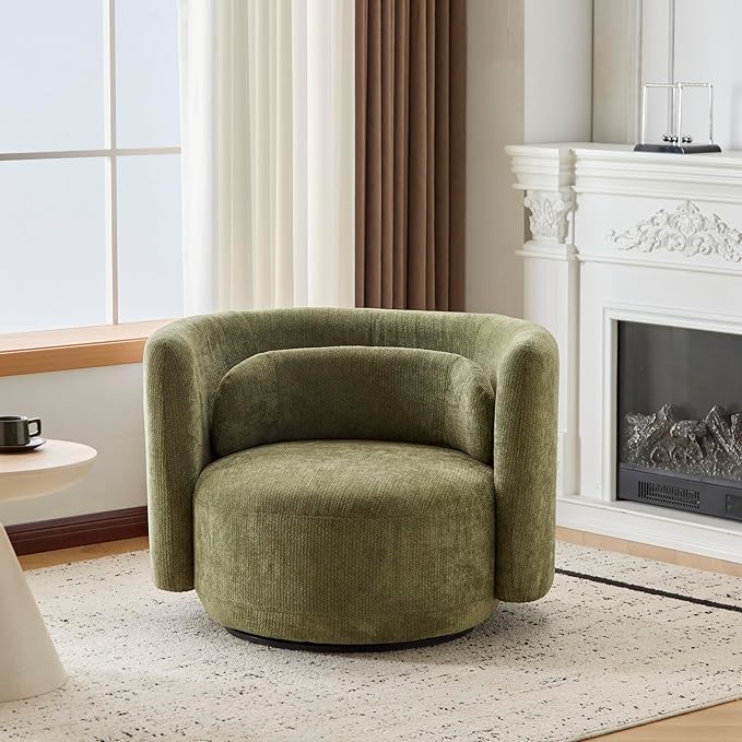 Christopher Knight Home Tanzy 360-Degree Swivel Barrel Chair Upholstered Lounge Chair Indoor Comfy Armchair with Lumbar Pillow for Living Room Thick Cushion Metal Base and Wood Frame Green