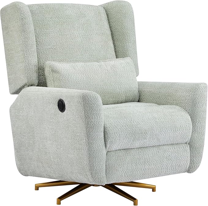 Christopher Knight Home Dolia Boucle Upholstered 360° Swivel Chair Push-Back Power Recliner Chair Iron Recliner Sofa with Rotation Living Room Lounge Sofa Adjustable Backrest Gold+Light Green