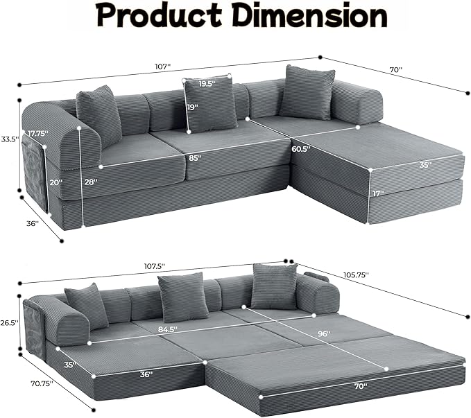106.3 L Shape Convertible Sleeper Sofa Bed Oversized Modular Sectional Cloud Sofa with Fixed-Shape Frame &amp Storage Pocket Boneless Couch for Living Room No Assembly Required Dark Gray