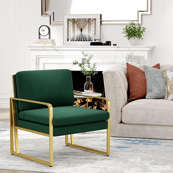 Andeworld Velvet Accent Chair Mid Century Living Room ArmchairUpholstered Modern Sofa Side Chair with Metal Golden Legs for ReadingLoungingBedroom Apartment Green