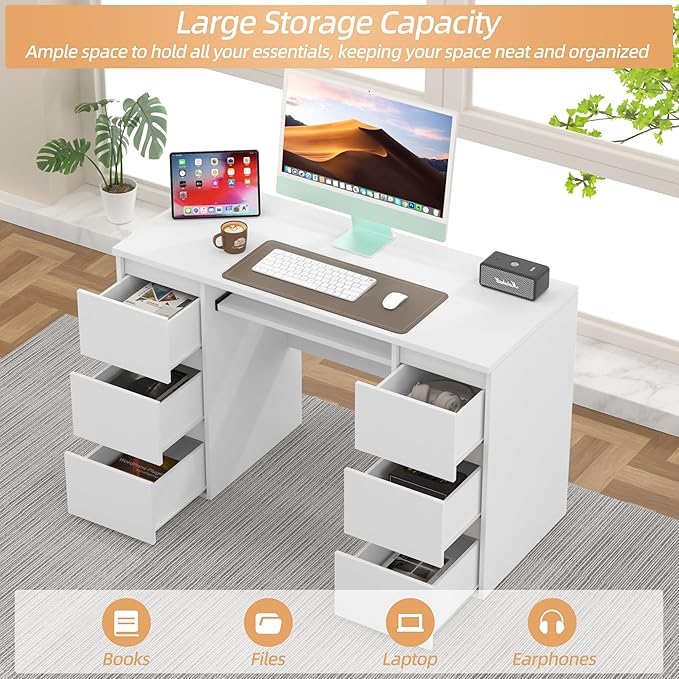 Computer Desk with 6 Drawers 47'' Home Office Desk with Storage &amp Keyboard Shelf White Gaming Desks Wood Vanity Desks for Bedroom Modern Corner Writing Table for Work Study (White)