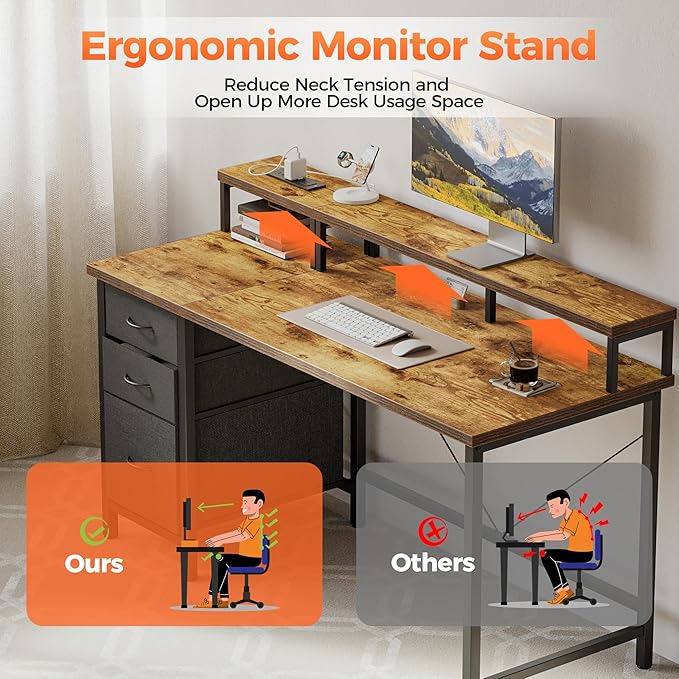 Mericonia Computer Desk 63 inch with Power Outlets &amp LED Lights Gaming Desk with 3 Drawers for Home Office Small Desk with Monitor Stand for Small Spaces Study Writing Desk