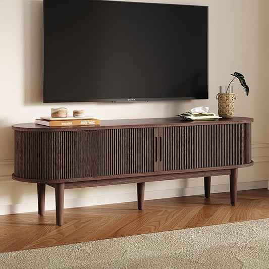 LINSY HOME 58 Fluted TV Stand for TVs up to 65 Inch Mid Century Modern Entertainment Center with Storage Cabinet and Sliding Doors Farmhouse Wood Media TV Console for Living Room Bedroom Walnut