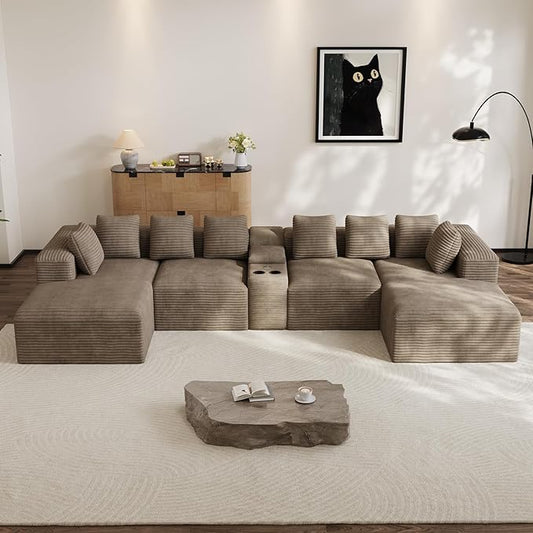 Modular Sectional Sofa with USB Cup Holders Storage 143 U Shaped Cloud Couch Plush Corduroy Deep Seat Boneless Sofas with Double Chaise Lounge Sectional Couches Memory Foam for Living Room - Camel
