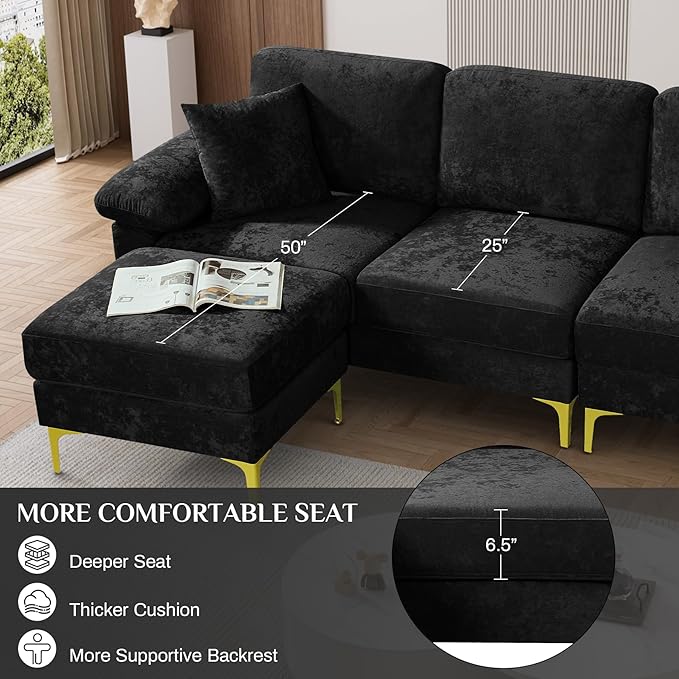 L Shaped Sectional Sofa Couch 91 Comfy Velvet Upholstered 3 Seat Sofa Set with Convertible Ottoman &amp 2 Pillows Modern Deep Seat Cloud Couch for Living Room Apartment Black
