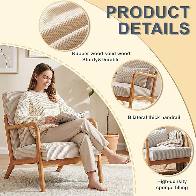 Mid Century Modern Accent Chair Upholstered Corduroy Armchair with Lumbar Pillow Solid Rubberwood Frame for Living Room Bedroom Waiting Room Beige