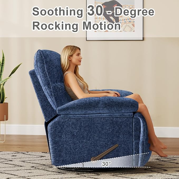 Oversized Recliner Chair Overstuffed Swivel Rocker with Extra Wide Seat &amp Breathable Fabric for Living Room (Manual Blue)