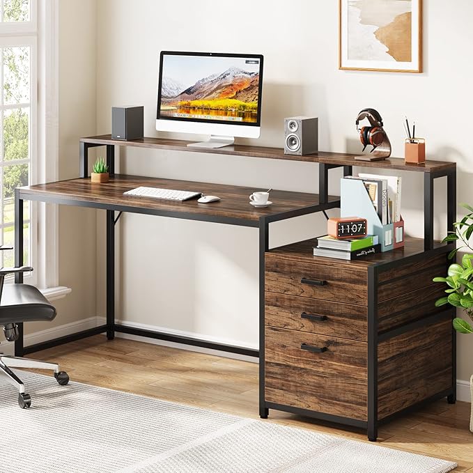 LITTLE TREE 63 Inches Computer Desk with Ergonomic Monitor Stand Home Office Desk with File Drawers