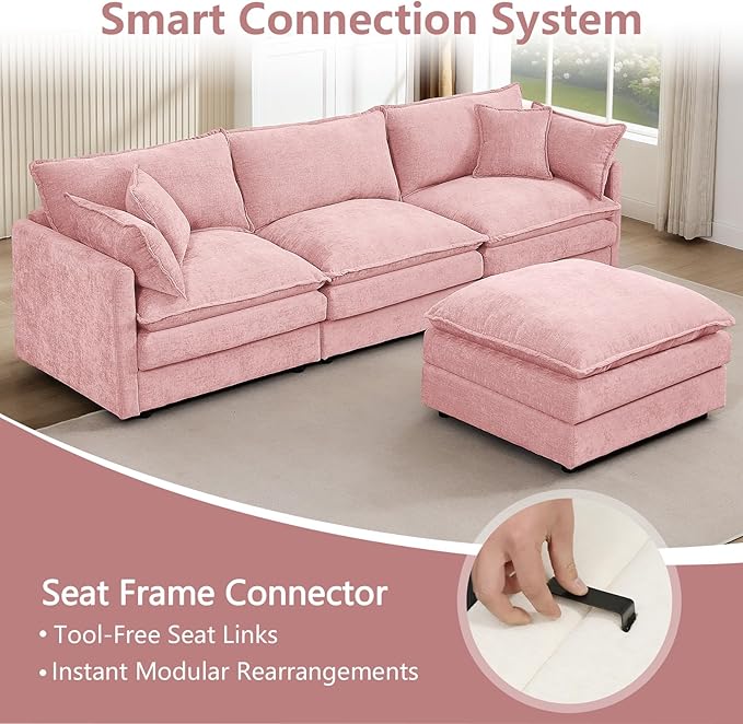 GNIXUU 102 Modular Sectional Sofa L Shaped Cloud Couch with Movable Ottoman &amp 4 Pillows Deep Seat Chenille 4 Seater Sectional Couches for Living Room Apartment (Pink)