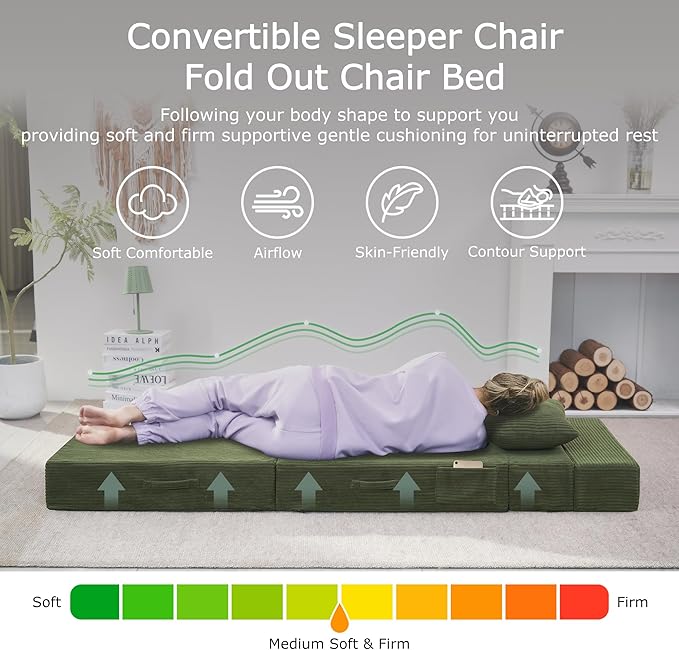 Folding Sofa Bed 4 in 1 Convertible Sleeper Chair with Pillow Single Memory Foam Fold Out Chair Bed Modern Floor Futon Sofa Couch Mattress for Living Room/Guest/Apartment Green | Convertible Comp