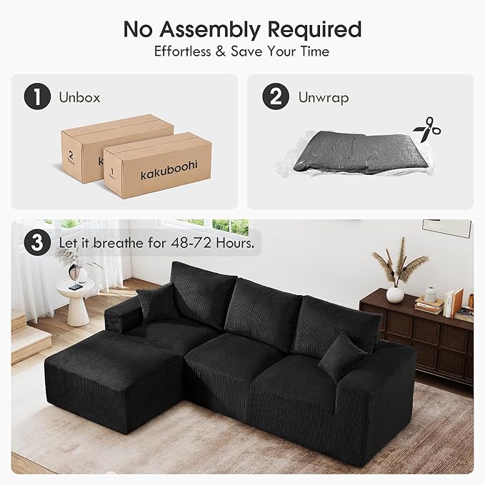 108 Modular Cloud Sectional Sofa 17.8 Comfort Height &amp Neck Pillow Modern Corduroy Couch with L-Shape Oversized Chaise for Living Room Bedroom No Assembly Required (Black)