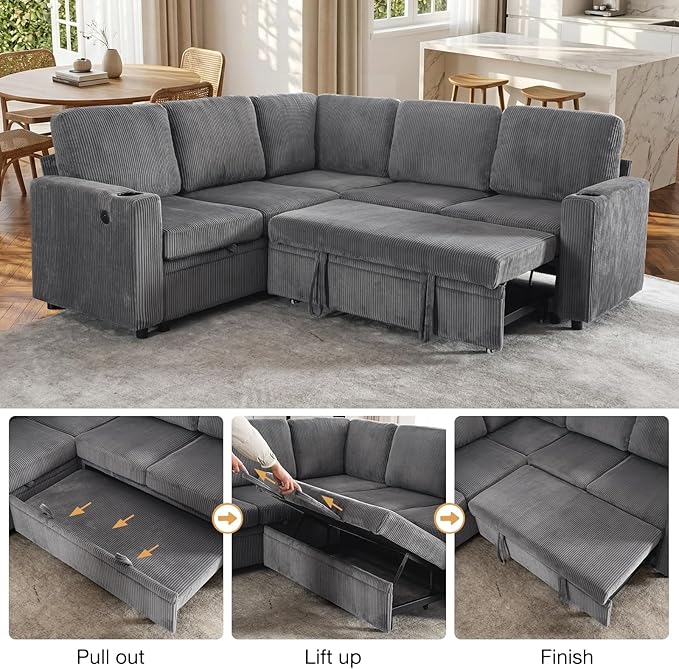 83 Sleeper Couch with Pull Out Sofa Bed 5-Seater Sectional Couches for Living Room L-Shaped Couch with Storage USB Port &amp Cup Holder Corduroy Convertible Corner Sofa for Apartment