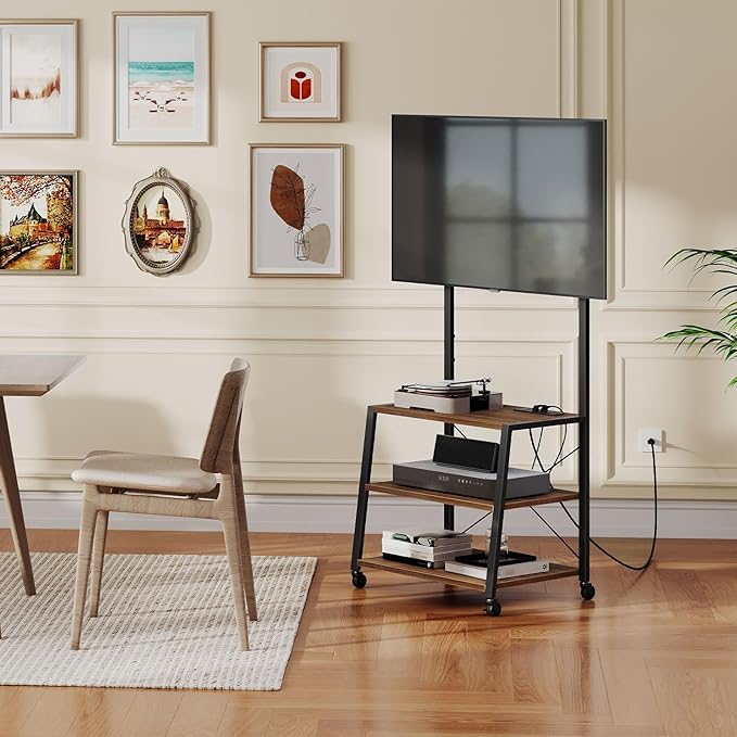 HOOBRO Rolling TV Stand with Mount and Power Outlet Up to 55 inch TV Corner Entertainment Center Small TV Stand with 3-Tier Storage Shelves for Living Room Bedroom Black and Walnut BH66UDS01