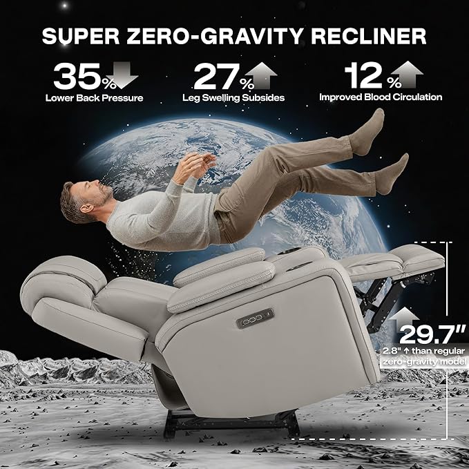 Watson &amp Whitely Super Zero Gravity Recliner Chair Oversized Genuine Leather Electric Recliner W Power Adjustable Headrest &amp Lumbar Support Hidden Storage for Living Room Light Grey