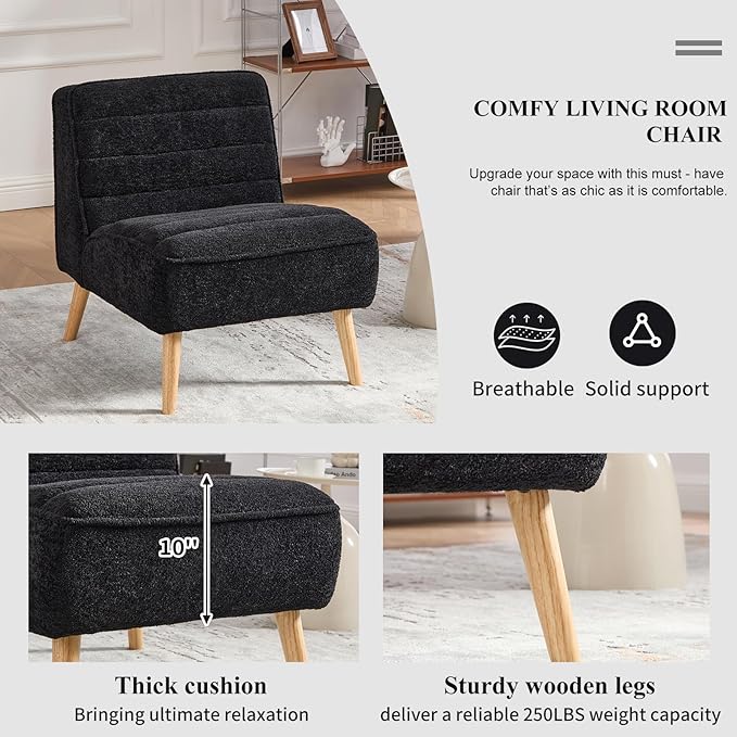 Modern Accent Chair Chenille Upholstered Fuzzy Club Chairs with Tufted Design Comfy Living Room Chair with Metal Legs Padded Reading Chair for Reading Room (Black-Chenille)