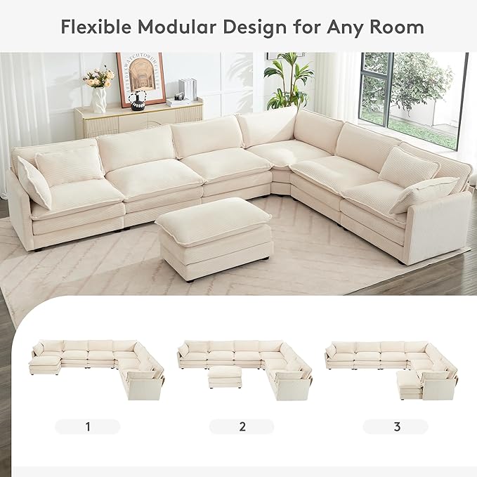ROWHY 150'' Modular Sectional Cloud Couch 7 Seater Corner Sofa Big Comfy Corduroy V Shaped Couch with 4 Throw Pillows Convertible Chaise Ottoman Couches for Living Room Office Beige