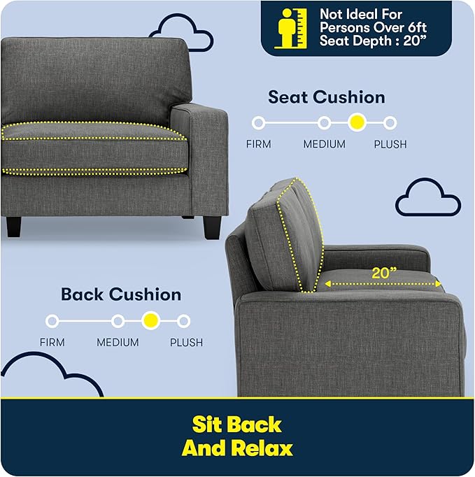 Serta Palisades 78 Track Arm Sofa Easy Care Polyester Soft Pillow Back Pocket Coil Seat Cushions Removable Covers Loveseat or Couch for Small Spaces Living Rooms or Bedrooms Gray
