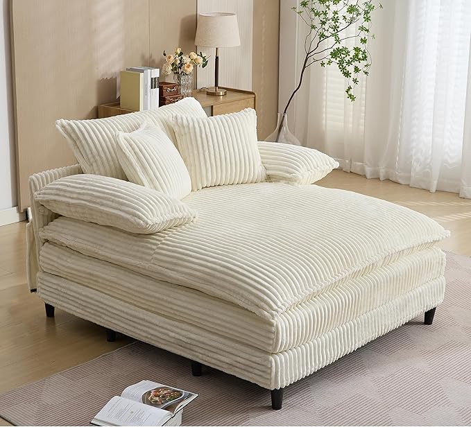 Oversized Chaise Lounge Chair Indoor Comfy Corduroy Sofa Bed Fluffy Cushioned Deep Seat Couch with 3 Pillows Sleeper Sofa for Living Room Beige White