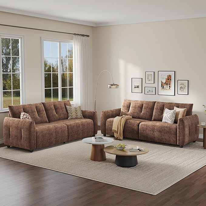 84.5 Inch Loveseat SofaModern Couch and SofaFeather-tip armrest DesignSturdy and Easy InstallationSmall Sofa for Living Room Bedroom Office and ApartmentChenille FabricBrown