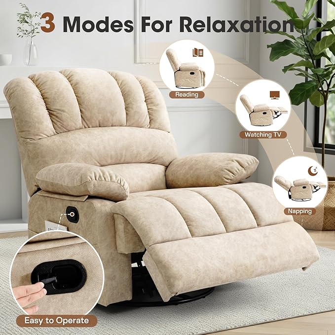 COOSLEEP Oversized Manual Swivel Rocker Recliner Chair Extra Wide Glider Rocker Recliner for Big and Tall Overstuffed Lazy Recliner Chair with High Back Single Sofa Chair for Living Room(Beige)