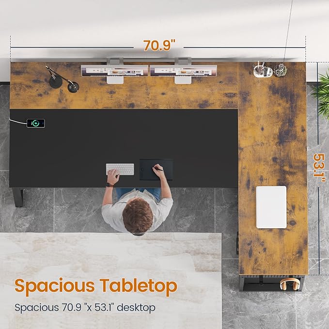 71 in Executive Desk with Power Outlets Reversible L Shaped Desk with File Drawers &amp Storage Shelves Large Office Desk Computer Desk with Pegboard Mobile CPU Stand Modern Corner Desk