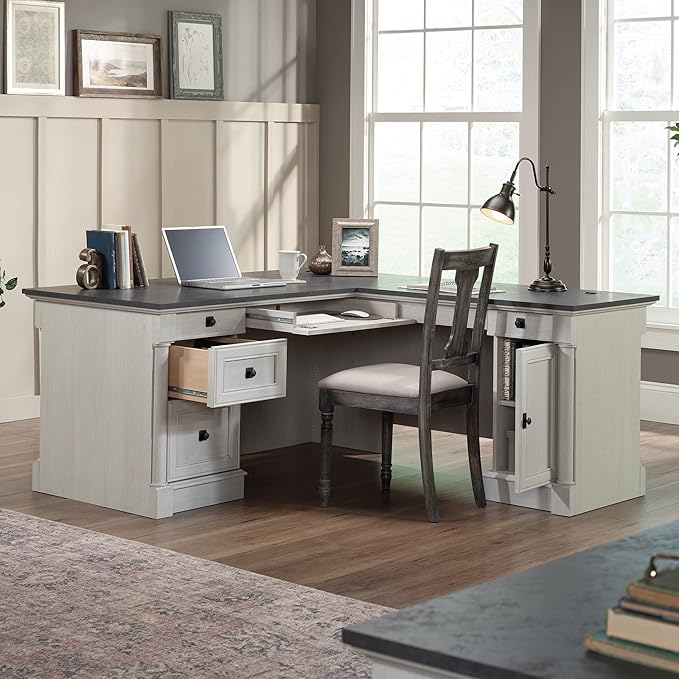 Sauder Palladia L Shaped Desk with Drawers Office Desk with File Cabinet Storage Cable Management Keyboard Tray in Glacier Oak Finish