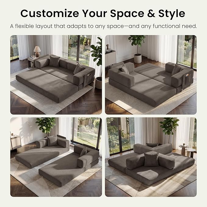 78.8 Convertible Futon Sofa BedCorduroy Futon Couch with Storage PocketFolding Pull Out SofaNo Assembly Boneless Couch for Living RoomBrown