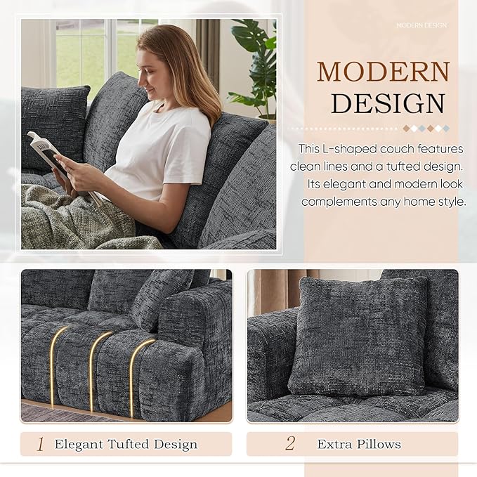 108 W Modular Sectionals SofaCloud Boneless Couch with ChaiseChenille Tufted Deep Seat L Shaped CouchModern Compression Foam Sofa for Living Room BedroomNo Assembly Required(Left FacingGrey)