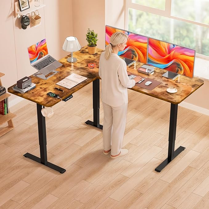 Kingant L-Shaped Standing Desk 63 x 55 Inch Large Adjustable Corner Desk with Charging Station Electric Sit Stand Up Computer Desk for Home Office(Rustic Brown)