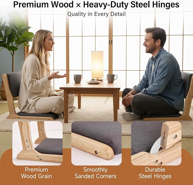 Tiita Floor Chair with Back Support Foldable Meditation Tatami Chairs Backrest Chair with Cushion Living Room Chair Seat 4 Pack Wood Dark Grey
