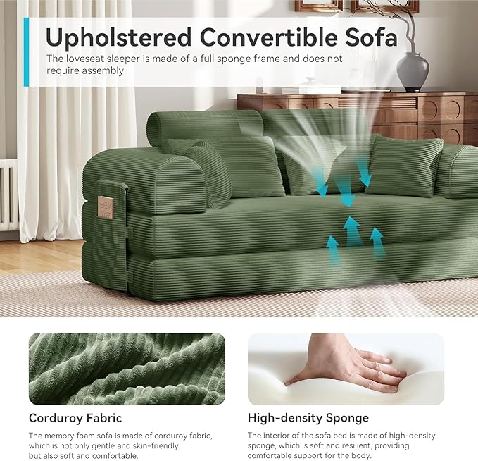 Upgraded 79 High Backrest Sofa Bed with Fixed Frame Corduroy Fabric Convertible Couch for Small Spaces Removable Armrests &amp Backrest No Assembly Required (High Backrest Olive Green) | Converti